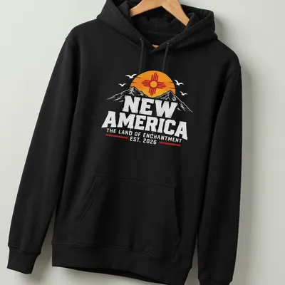 Vintage-style t-shirt featuring mountains with the text New America. — printed on a unisex hoodie