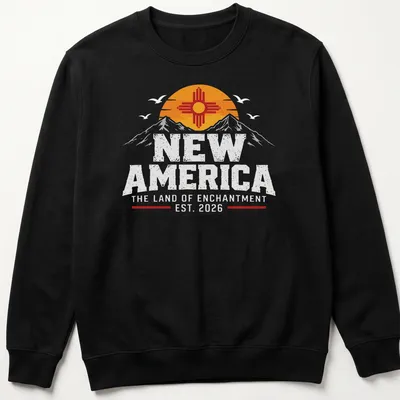 Vintage-style t-shirt featuring mountains with the text New America. — printed on a unisex sweatshirt
