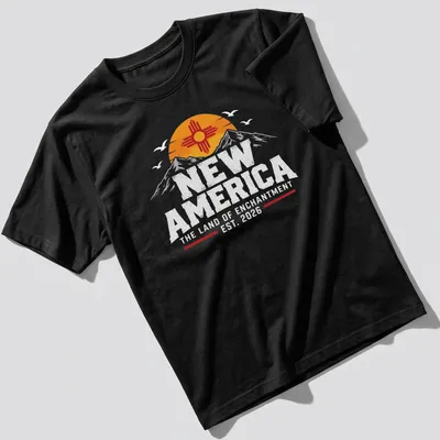 Vintage-style t-shirt featuring mountains with the text New America. — printed on a unisex t-shirt