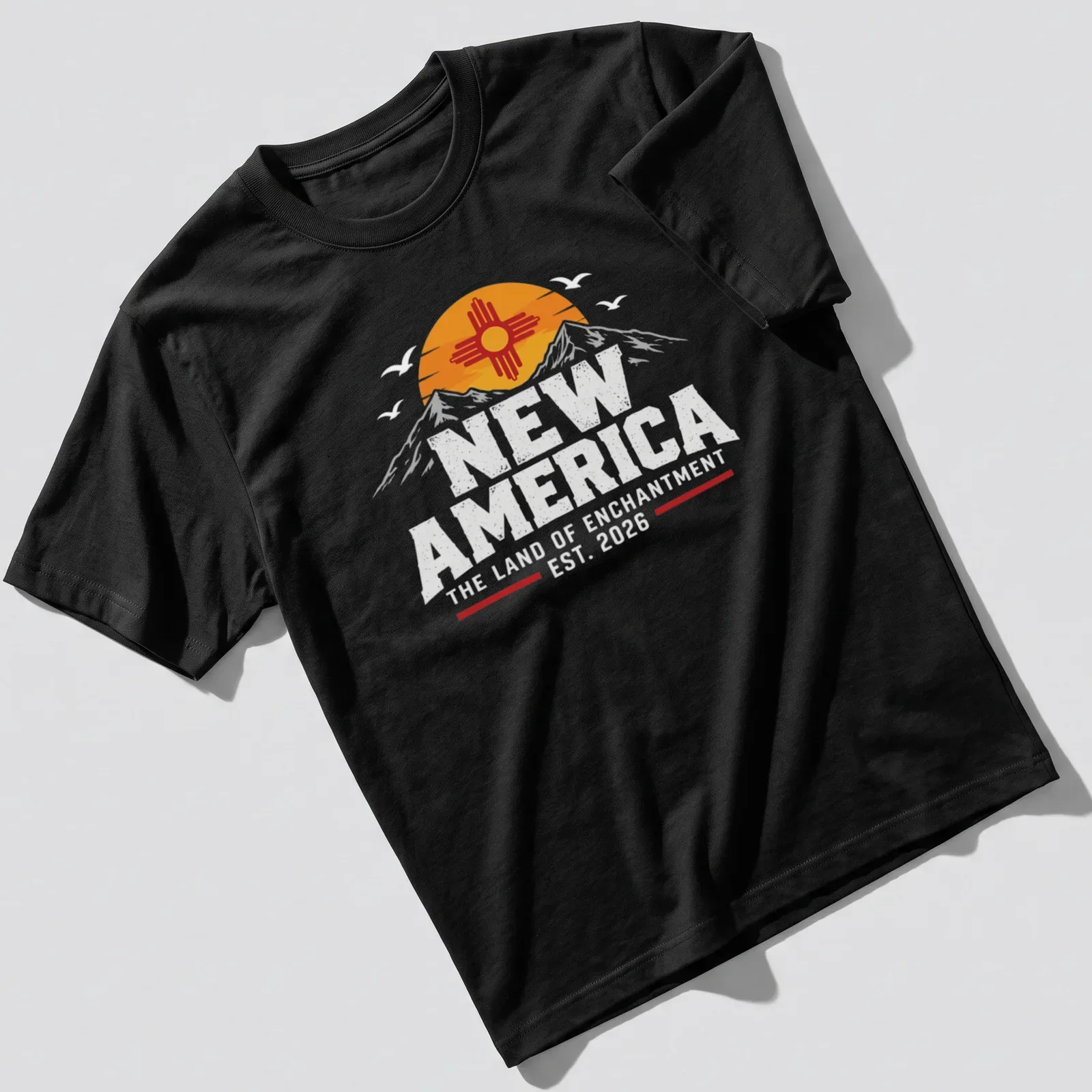 Vintage-style t-shirt featuring mountains with the text New America. — printed on a unisex t-shirt