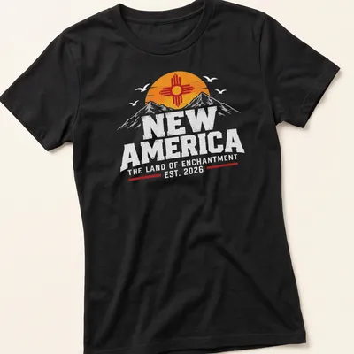 Vintage-style t-shirt featuring mountains with the text New America. — printed on a women's shirt