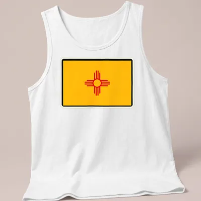 Flat design of the New Mexico state flag with yellow and red colors — printed on a tank top