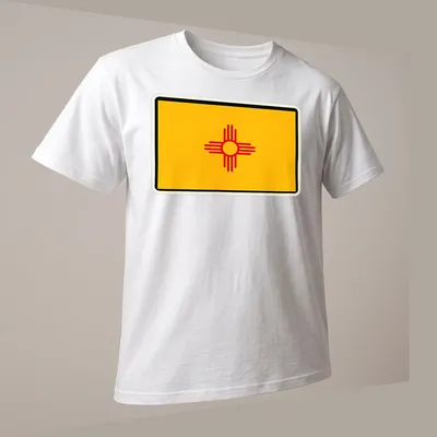 Flat design of the New Mexico state flag with yellow and red colors — printed on a unisex t-shirt (angled view)