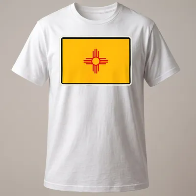 Flat design of the New Mexico state flag with yellow and red colors — printed on a unisex t-shirt