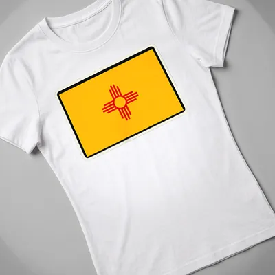 Flat design of the New Mexico state flag with yellow and red colors — printed on a women's shirt
