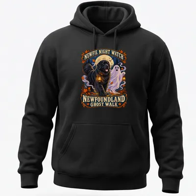 Vintage illustration of a Newfoundland dog with a ghost, colorful and whimsical — printed on a unisex hoodie