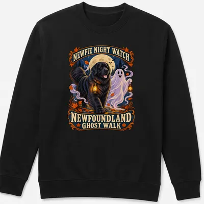 Vintage illustration of a Newfoundland dog with a ghost, colorful and whimsical — printed on a unisex sweatshirt