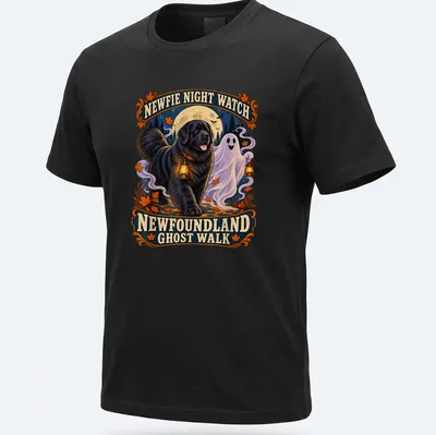 Vintage illustration of a Newfoundland dog with a ghost, colorful and whimsical — printed on a unisex t-shirt