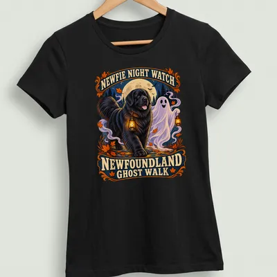 Vintage illustration of a Newfoundland dog with a ghost, colorful and whimsical — printed on a women's shirt