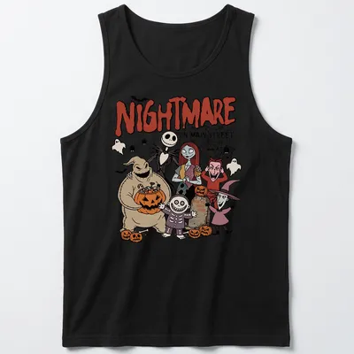 Cartoon Halloween characters with text 'NIGHTMARE ON MAIN STREET WISH YOU WERE HERE' in vibrant colors — printed on a tank top