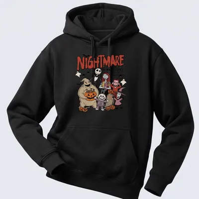 Cartoon Halloween characters with text 'NIGHTMARE ON MAIN STREET WISH YOU WERE HERE' in vibrant colors — printed on a unisex hoodie