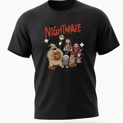 Cartoon Halloween characters with text 'NIGHTMARE ON MAIN STREET WISH YOU WERE HERE' in vibrant colors — printed on a unisex t-shirt