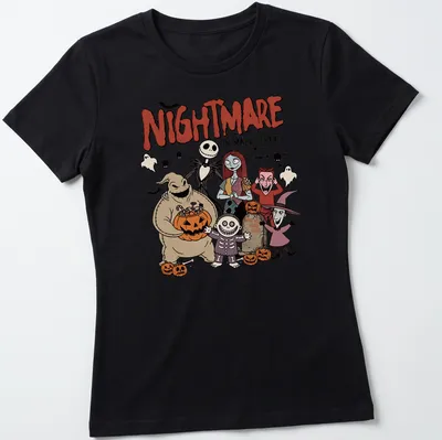 Cartoon Halloween characters with text 'NIGHTMARE ON MAIN STREET WISH YOU WERE HERE' in vibrant colors — printed on a women's shirt
