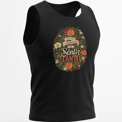 Expressive floral design with the phrase 'NO me arrepiento DE Sentir TANTO' in vibrant colors — printed on a tank top