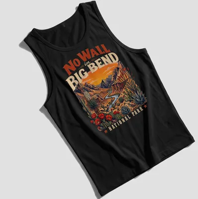 Vintage illustration of Big Bend National Park with mountains and desert flora — printed on a tank top