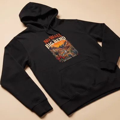 Vintage illustration of Big Bend National Park with mountains and desert flora — printed on a unisex hoodie