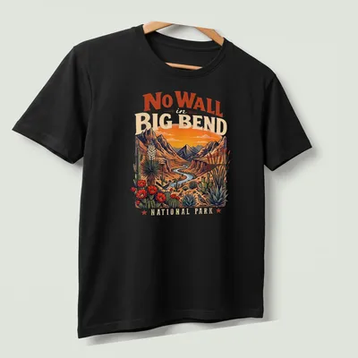 Vintage illustration of Big Bend National Park with mountains and desert flora — printed on a unisex t-shirt (angled view)