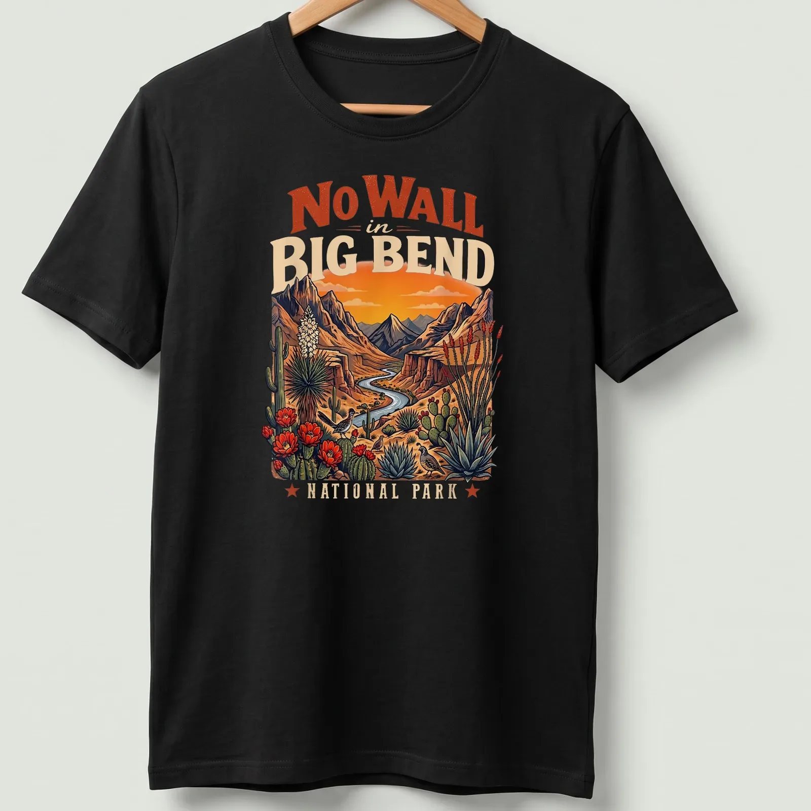 Vintage illustration of Big Bend National Park with mountains and desert flora — printed on a unisex t-shirt