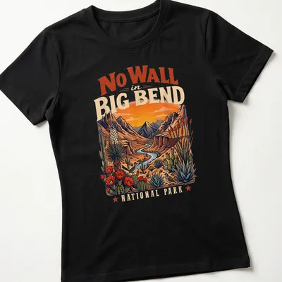 Vintage illustration of Big Bend National Park with mountains and desert flora — printed on a women's shirt