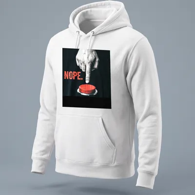 Minimalist graphic of a hand pressing a red button with the word 'NOPE.' — printed on a unisex hoodie