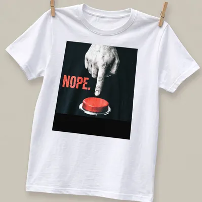 Minimalist graphic of a hand pressing a red button with the word 'NOPE.'