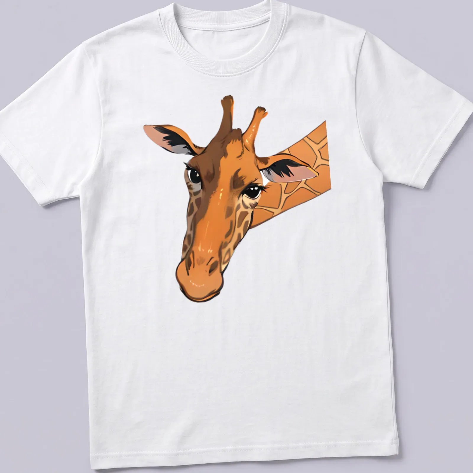Realistic illustration of a curious giraffe with the text Nosey Parker above it. — printed on a unisex t-shirt
