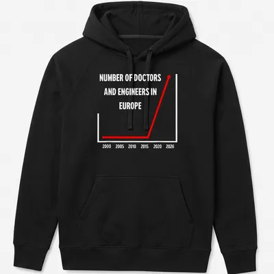 Funny infographic showing the number of doctors and engineers in Europe in red and white. — printed on a unisex hoodie