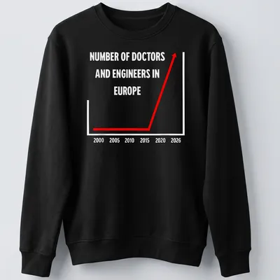 Funny infographic showing the number of doctors and engineers in Europe in red and white. — printed on a unisex sweatshirt