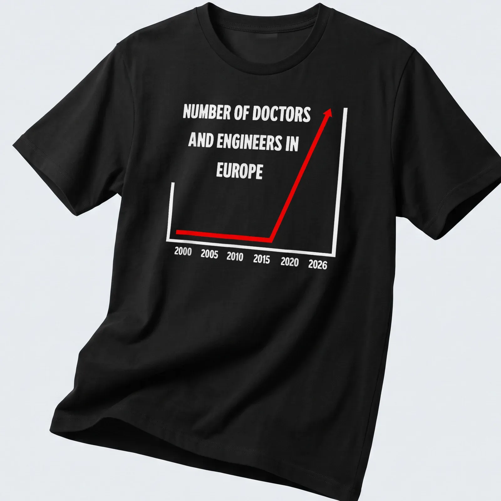 Funny infographic showing the number of doctors and engineers in Europe in red and white. — printed on a unisex t-shirt