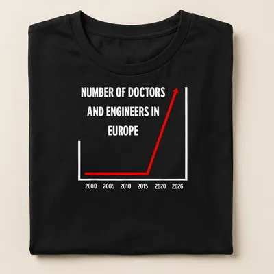 Funny infographic showing the number of doctors and engineers in Europe in red and white. — printed on a women's shirt