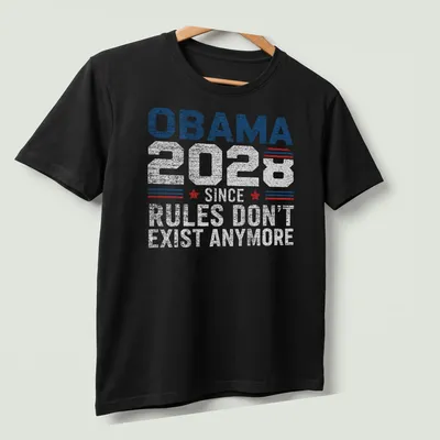 Retro distressed Obama 2028 shirt featuring bold text in red, white, and blue — printed on a unisex t-shirt (angled view)