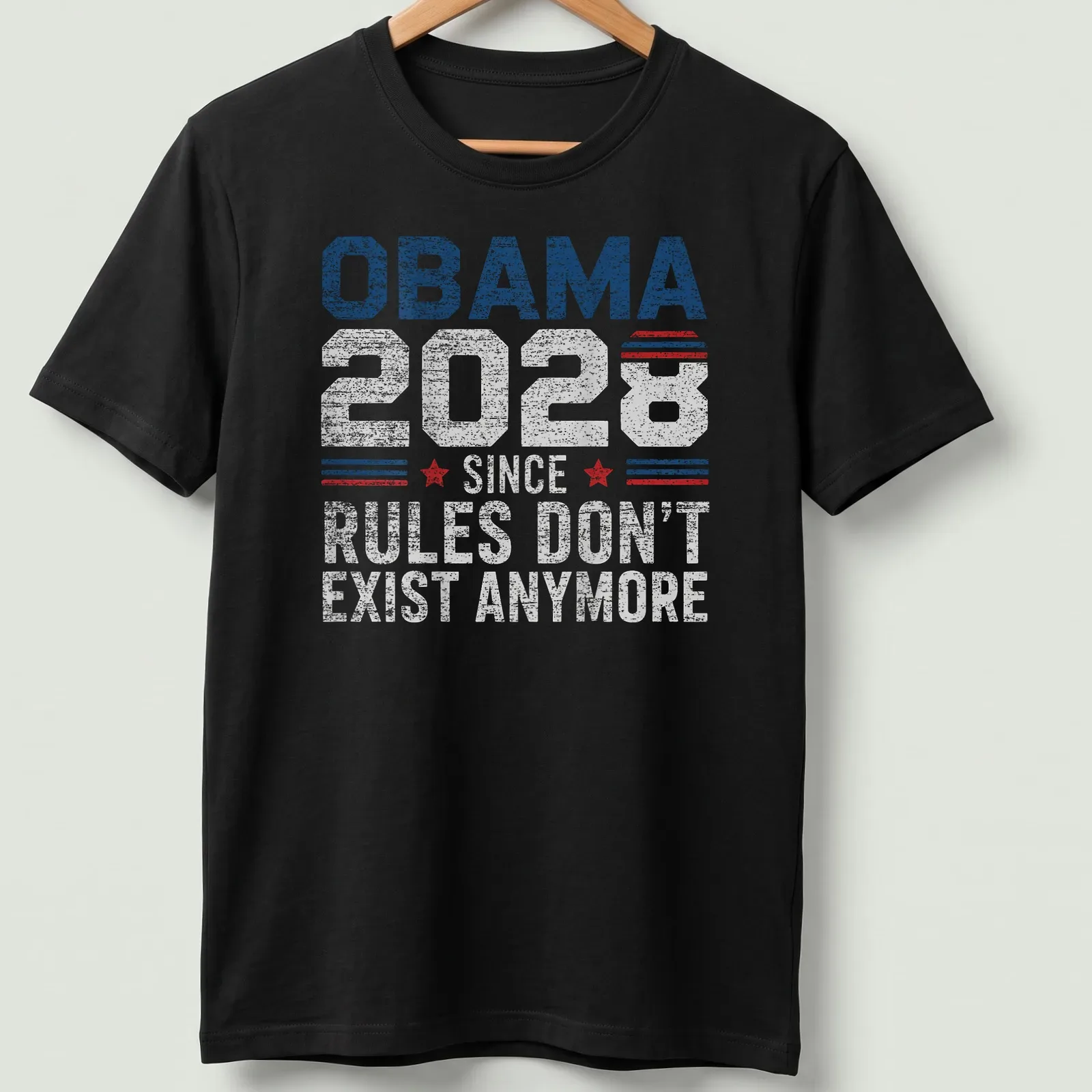 Retro distressed Obama 2028 shirt featuring bold text in red, white, and blue — printed on a unisex t-shirt