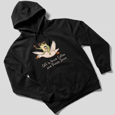 Cartoon frog riding a goose, with the phrase Off to Drink Coffee and Praise Jesus printed above. — printed on a unisex hoodie