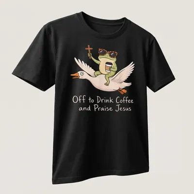 Cartoon frog riding a goose, with the phrase Off to Drink Coffee and Praise Jesus printed above. — printed on a unisex t-shirt (angled view)