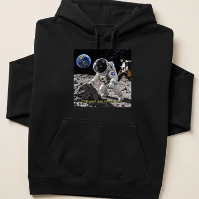 Realistic black cat astronaut with stars and text 'One giant leap for cat-kind' — printed on a unisex hoodie