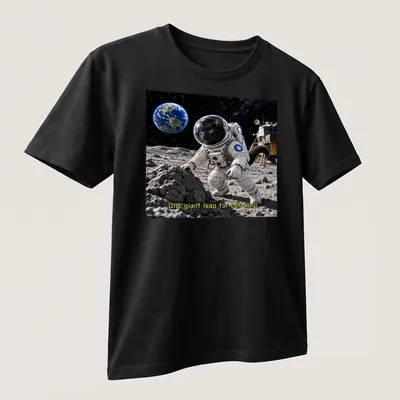 Realistic black cat astronaut with stars and text 'One giant leap for cat-kind' — printed on a unisex t-shirt (angled view)