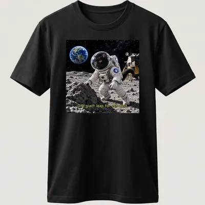 Realistic black cat astronaut with stars and text 'One giant leap for cat-kind'
