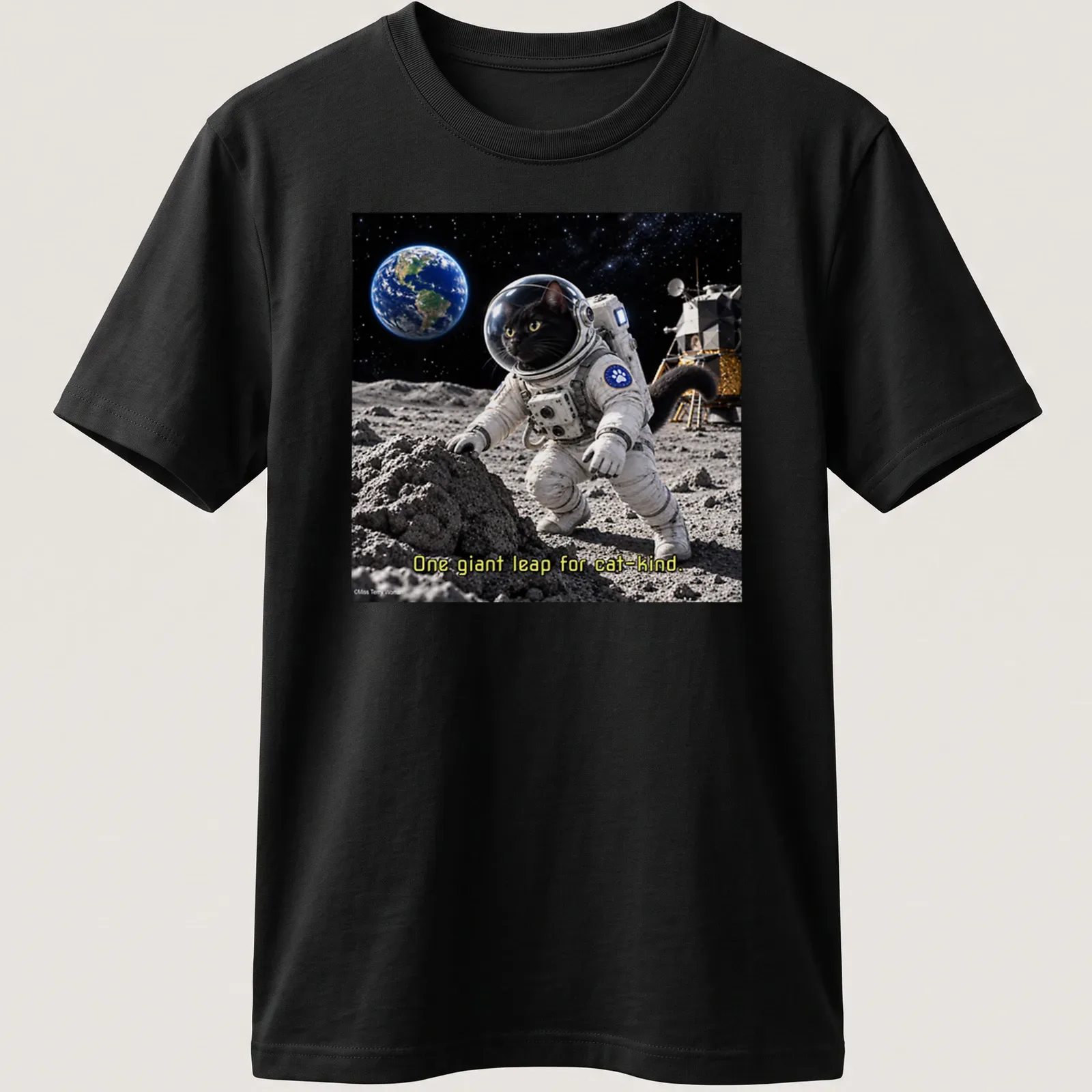 Realistic black cat astronaut with stars and text 'One giant leap for cat-kind' — printed on a unisex t-shirt