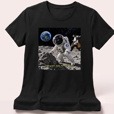 Realistic black cat astronaut with stars and text 'One giant leap for cat-kind' — printed on a women's shirt