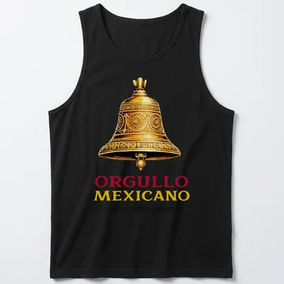 Illustrated bell with text Orgullo Mexicano Dia de la Independencia in gold, red, and yellow — printed on a tank top