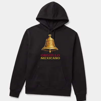 Illustrated bell with text Orgullo Mexicano Dia de la Independencia in gold, red, and yellow — printed on a unisex hoodie
