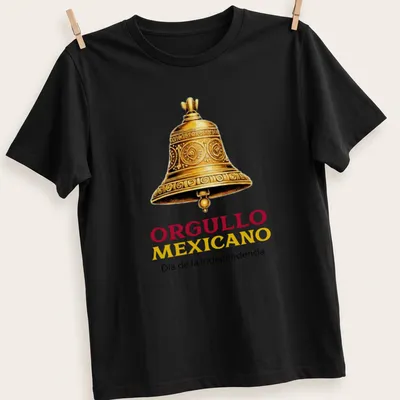 Illustrated bell with text Orgullo Mexicano Dia de la Independencia in gold, red, and yellow — printed on a unisex t-shirt