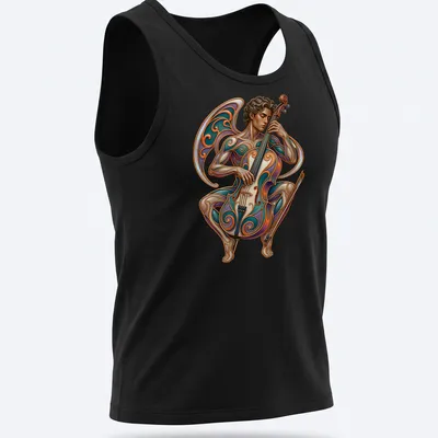 Illustration of a cellist entwined in ornate designs with artistic lettering. — printed on a tank top