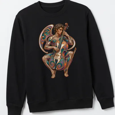 Illustration of a cellist entwined in ornate designs with artistic lettering. — printed on a unisex sweatshirt