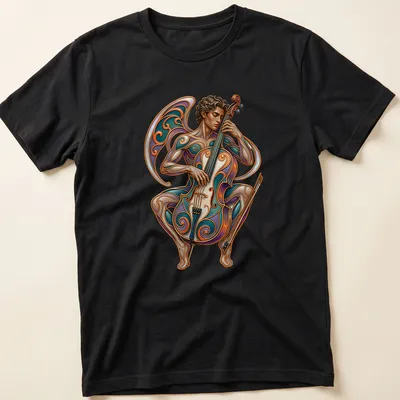 Illustration of a cellist entwined in ornate designs with artistic lettering. — printed on a unisex t-shirt