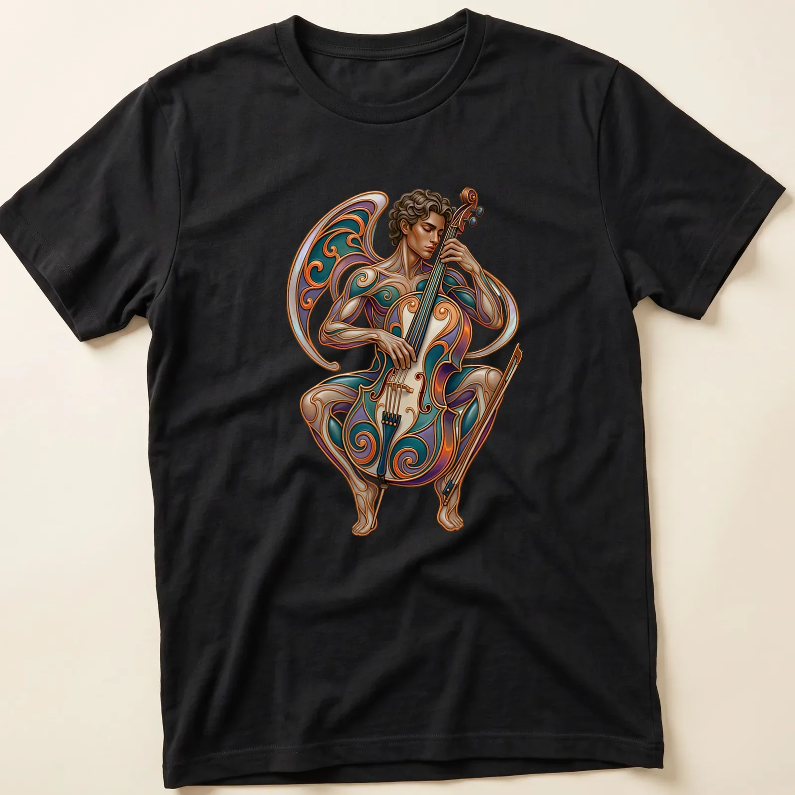 Illustration of a cellist entwined in ornate designs with artistic lettering. — printed on a unisex t-shirt