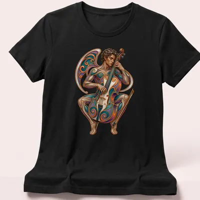 Illustration of a cellist entwined in ornate designs with artistic lettering. — printed on a women's shirt