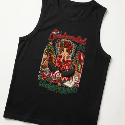 Colorful cartoon of a girl overwhelmed with Christmas decorations and humorous text above — printed on a tank top