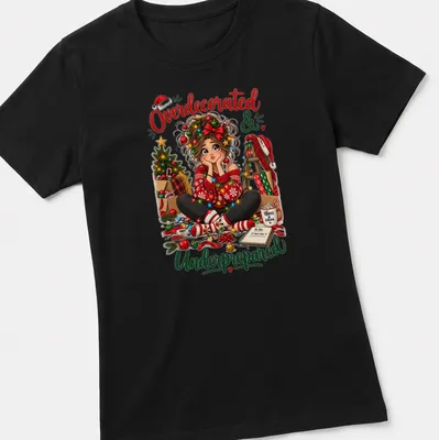 Colorful cartoon of a girl overwhelmed with Christmas decorations and humorous text above — printed on a women's shirt