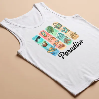 Colorful watercolor shirt featuring tropical beach elements with the word Paradise — printed on a tank top